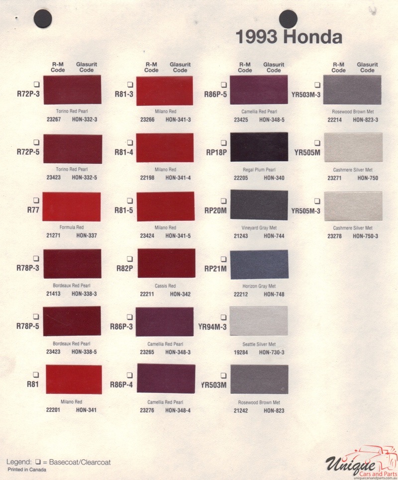 1993 Honda Paint Charts RM 2